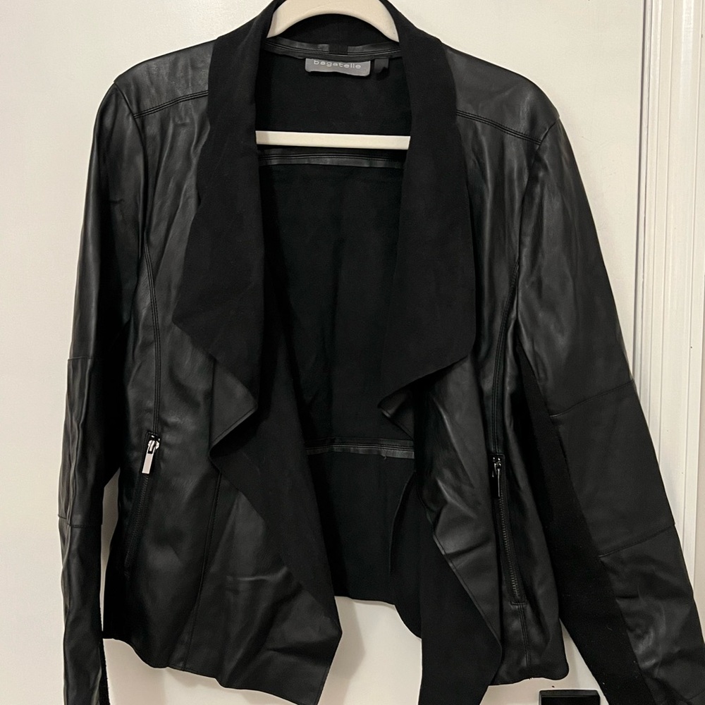 Bagatelle Women's Black faux Leather Jacket with Draped Front GUC 1x
